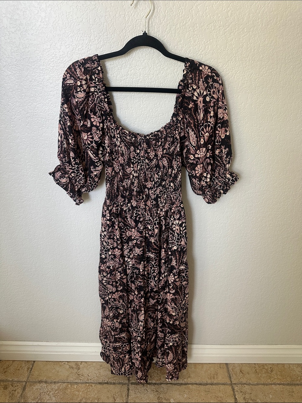 Smocked Square-Neck Midi Dress in Black and Pink Floral